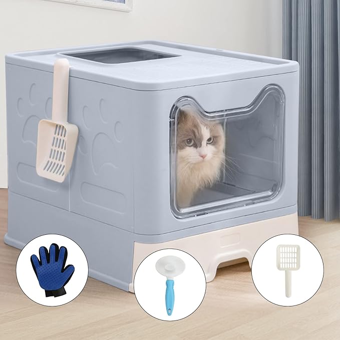 ROCCS Foldable Cat Litter Box with Lid,No Smell Large Top Entry Litter Box with Cat Litter Scoop,Covered Drawer Type Kitty Potty,Including Fur Brush & Cleaning Glove,Grey 20" x 16" x 15"