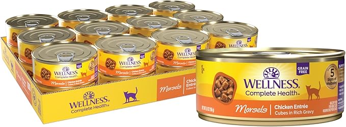 Wellness Complete Health Natural Grain Free Wet Canned Cat Food, Cubed Chicken Entrée in Rich Gravy, 5.5-Ounce Can (Pack of 24)