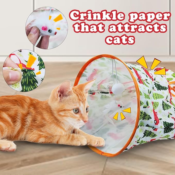 Andiker Cat Tunnel Bags for Indoor Cats, 13x17x12In Foldable Cat Crinkle Bag with 3 White Plush Balls and 1 Mouse 5 Holes for Kitten to Hide and Catch 3 Layers Cat Toy (Forest)