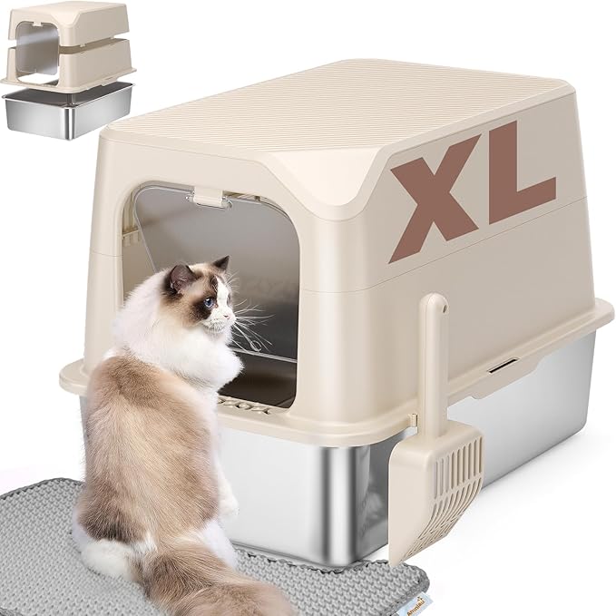 Stainless Steel Cat Litter Box with Lid, Extra Large Litter Box, Great for Large & Small Cat, Easy to Clean, Anti-Leakage, Non-Sticky, Multifunctional 2 in-1 Metal Cat Litter Box - Beige