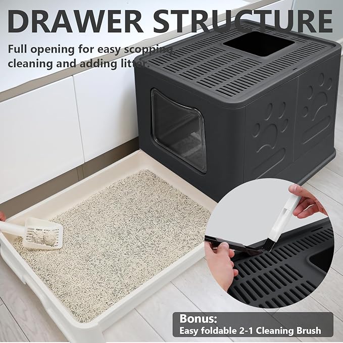 Foldable Cat Litter Box with Lid, Jumbo Enclosed Cat Potty, Top Entry Anti-Splashing Cat Toilet, Easy to Clean Including Cat Litter Scoop and 2-1 Cleaning Brush (Black) Extra Large