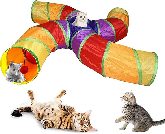 Pet Cat Tunnel Tube Cat Toys 4 Way Collapsible, Cat Tunnels for Indoor Cats,Kitty Tunnel Bored Cat Pet Toys Peek Hole Toy Ball Cat, Puppy, Kitty, Kitten, Rabbit