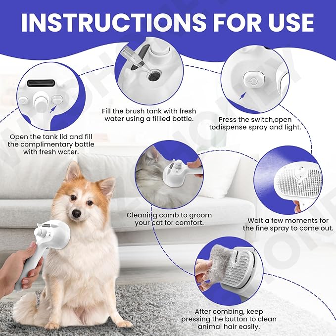 Cat Steam Brush, Pet Steamy Brushes for Indoor Cats & Dogs Shedding with Release Button, Self-Cleaning, Anti-Static Pets Hair Removal Comb for Furry Pet Grooming & Massage (WHITE)