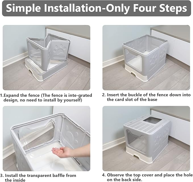 Foldable Cat Litter Box with Lid, Enclosed Cat Potty, Top Entry Anti-Splashing Cat Toilet, Easy to Clean Including Cat Litter Scoop and 2-1 Cleaning Brush (Grey) Large