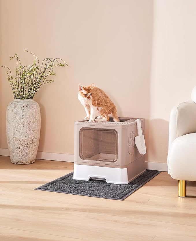 Cat Litter Box with X-Large Litter Mat and Scoop, Large Foldable Litter Box with Lid, Front Top Entry Exit Kitty Litter Box, Odor Control Easy Clean (Upgrade Coffee)