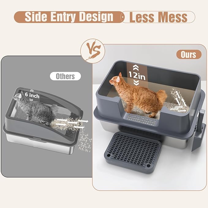 Stainless Steel Cat Litter Box with Lid, High Sides Metal Litter Box Enclosed, XL Extra Large Cat Litter Box with Filter Pedal and Scoop Cleaning Brush, Easy Cleaning, Anti Leakage, Non-Sticky