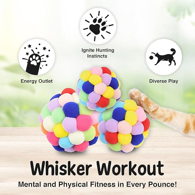 Vila Fuzzy Balls with Bells for Cats, Chewing and Enrichment Tool, Multi-Color Soft Plush, Small (2”), Medium (2.5”), Large (3”), 3 Pieces Per Pack