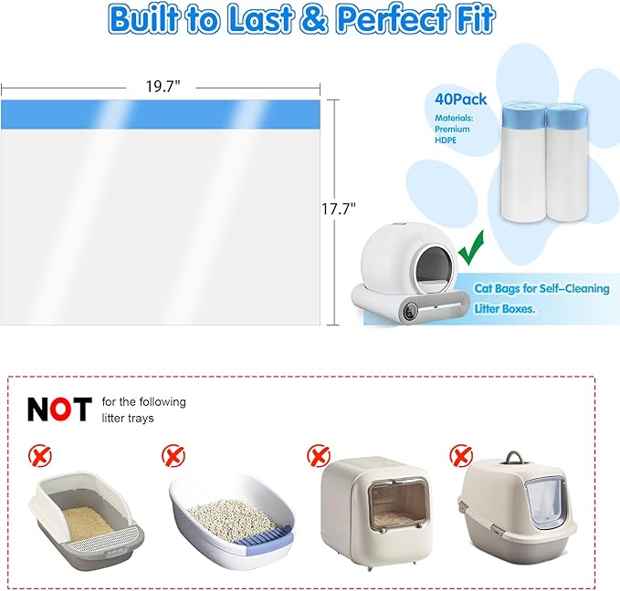 40 Count Self Cleaning Cat Litter Box Liners Bag For MeoWant MW-SC01,MW-SC02, Drawstring Heavy Duty Cat Litter Receptacles Bags Compatible with Automatic Cat Litter Box-17.7" x 19.68"