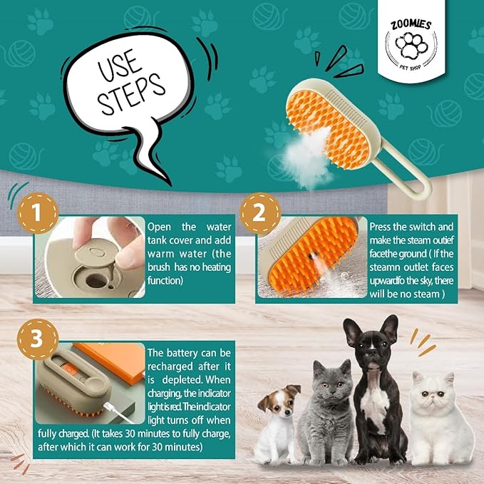 | Cat steam brush for shedding | 3-in-1 Steam brush for cats to remove loose hairs and reduce your cat's stress