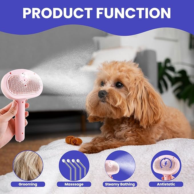 Cat Steam Brush, Pet Steamy Brushes for Indoor Cats & Dogs Shedding with Release Button, Self-Cleaning, Anti-Static Pets Hair Removal Comb for Furry Pet Grooming & Massage (PINK)
