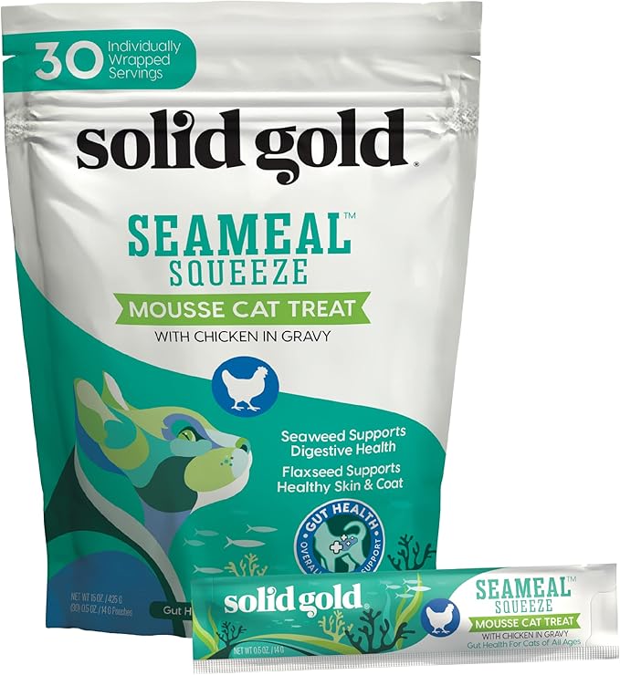Solid Gold Lickable Cat Treats - Chicken SeaMeal Squeeze Squeezable Cat Treats for Indoor Cats 30 Pack - Made with Fiber-Rich Seaweed for Digestive Health & Immune Support - 3 oz / 30 Count