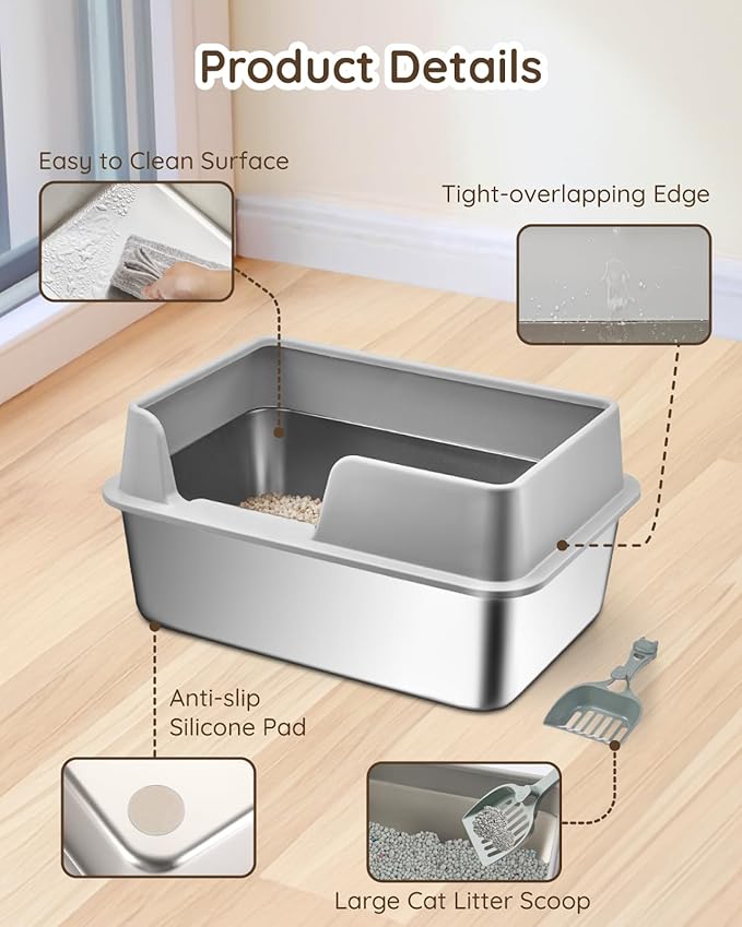 Stainless Steel Litter Box - Cat Metal Litter Box with Splash-Proof Lid, Easy Cleaning & Odor-Less Stainless Steel Cat Litter Box with Double Layer Litter Mat, Litter Scoop, Brush, 20” x14”