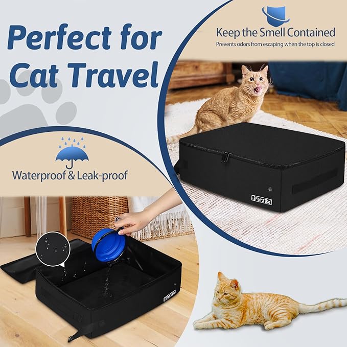 Petskd Portable Cat Travel Litter Box with Lid and 10 pcs Disposable Liner Bags, Leak-Proof and Collapsible, Cat Travel Essentials for Car Travel, Hotel, Airplane and Other Outdoor Use(Black)
