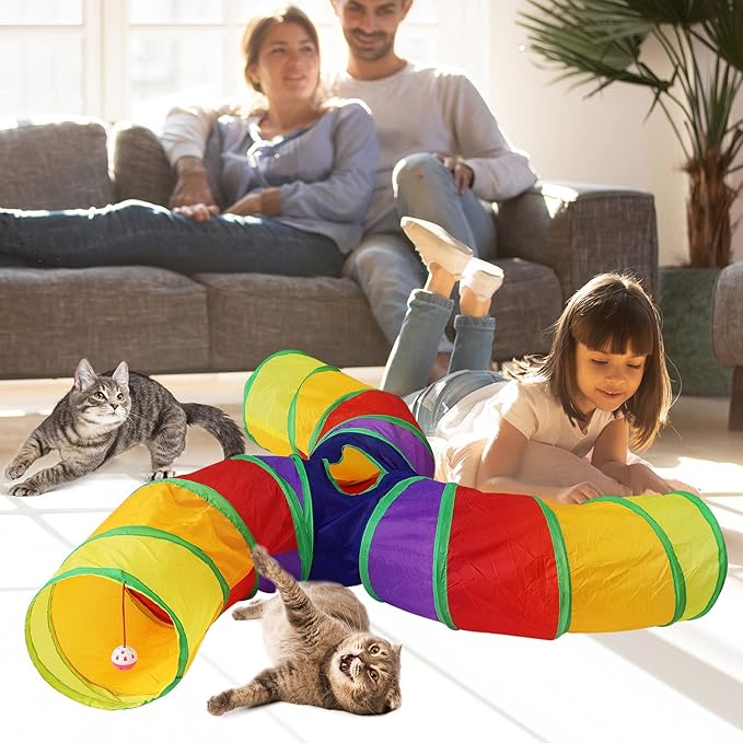 Bemodst Cat Tunnel for Indoor Cats Large,Cat Tubes and Tunnels Collapsible S-Shape Cat Tubes Kitty Tunnels Interactive Cat Toy with Storage Bag for Cat Small Dogs Ferret Rabbit (Colored 3-Way)