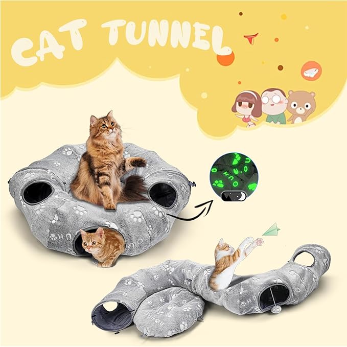 Lahas Cat Tunnels Bed for Indoor Cats - Donut Tubes Adjustable Shape, Washable Circle Cushion, Pet Play Balls and Holes, Self-Luminous Cat Toys