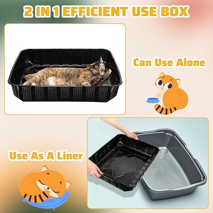 Zubebe 50 Pack Disposable Cat Litter Box for Cats, Large Disposable Kitty Litter Tray Box 19.69 x 15.75 x 3.94 inches Plastic Litter Box Pan Standard for Indoor Home Travel Portable(Black)