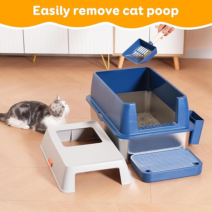 Enclosed Stainless Steel Litter Box with High Sides, Top Entry Jumbo Cat Litter Box with Lid, Covered Metal Extra Large Litter Box for Big Cats, Durable, Anti Leakage, Odorless, Non-Sticky, FOXORU