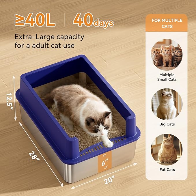 Extra Large 28" x 20" Litter Box Pan for Big Cats Maine Ragdoll Metal Large Enclosed Stainless Steel Litterbox with Lid Litter Scoop Blue, Non-Sticky, Anti-Leakage, Easy Cleaning