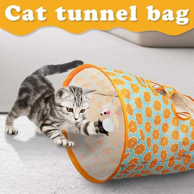 Andiker Cat Tunnel Bags for Indoor Cats, 13x17x12In Foldable Cat Crinkle Bag with 3 White Plush Balls and 1 Mouse 5 Holes for Kitten to Hide and Catch 3 Layers Cat Toy (Orange)