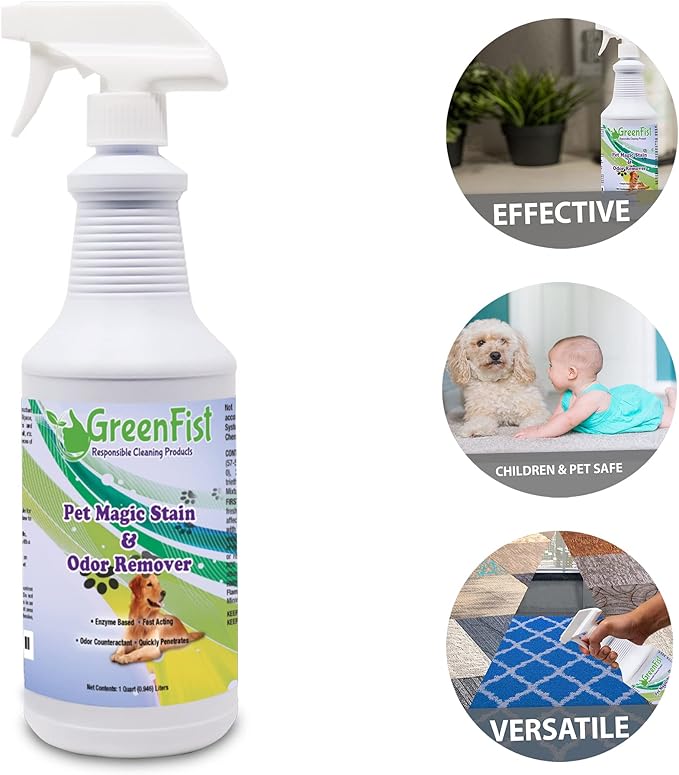 GreenFist Pet Stain & Odor Remover Magic Fast Acting Carpet Spot Cleaner Enzyme Powered Formula Cats,Dogs, Small Animal, 32 oz Spray