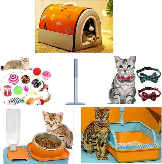 Cat Starter Kits, Kitten Starter Kits,17 Pcs Cat Starter Package, Save Your time to Searching, Food Feeder and Water Bowls, cat Litter Boxes,cat House, cat Bed .cat Toys, cat Fur Remover Roller.