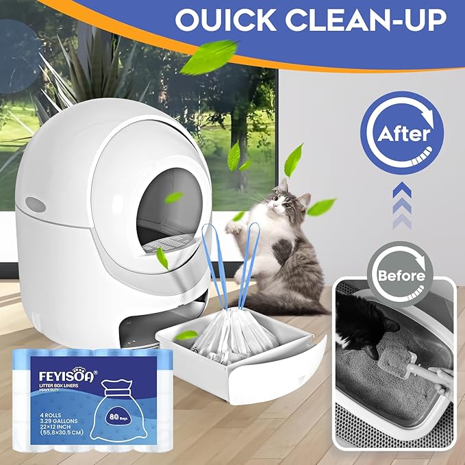 Compatible with PETKIT PuraMax & PuraX - Tear Resistant Cat Litter Box Liners, 80 Pack, 22x12 Inch, 4 Gallon Bags, Drawstring Closure, 2 Mil Thick, Fits Self-Cleaning Litter Boxes