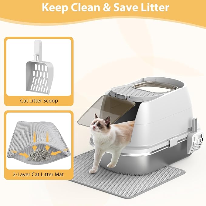 Stainless Steel Litter Box with Lid,Large Enclosed Cat Litter Box, Covered Metal Litter Tray for Easy Cleaning & Odor Control, Includes Scoop and Litter Mat, Hooded Cat Litter Pan for Kitten (White)