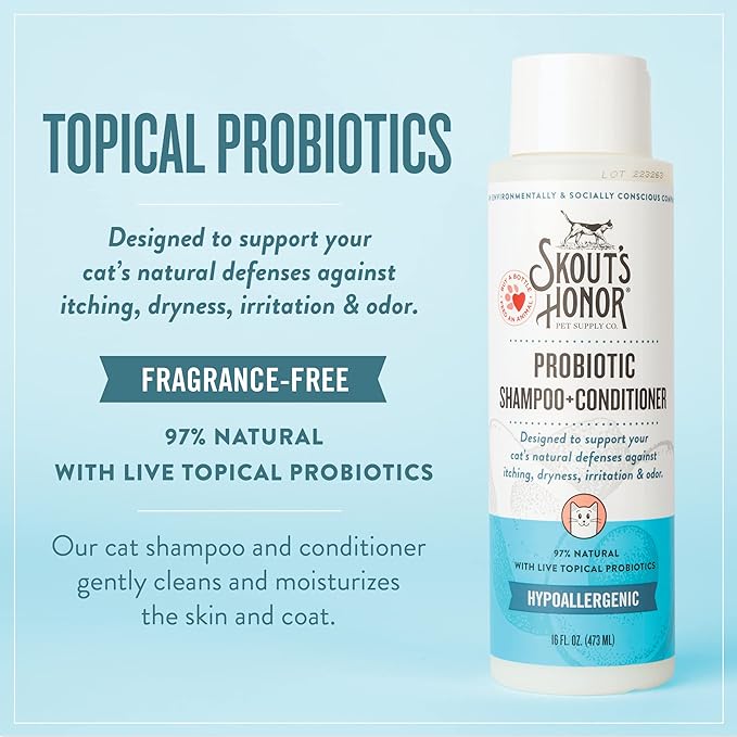 SKOUT'S HONOR Probiotic Cat Shampoo & Conditioner with Avocado Oil & Omega-3s, 97% Natural, Paraben & Sulfate-Free, Cruelty-Free, 16oz, Fragrance Free