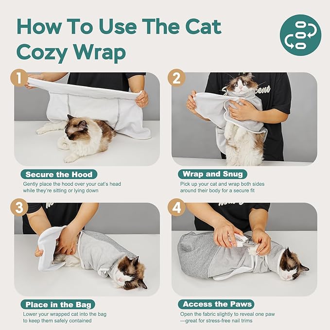 Self-Adhesive Cat Grooming Wrap, Cozy Cat Wrap for Cutting Nails, Breathable Anti-Scratch Cat Swaddle Bag for Brushing, Ear Cleaning, Medication, Injections,Grey L