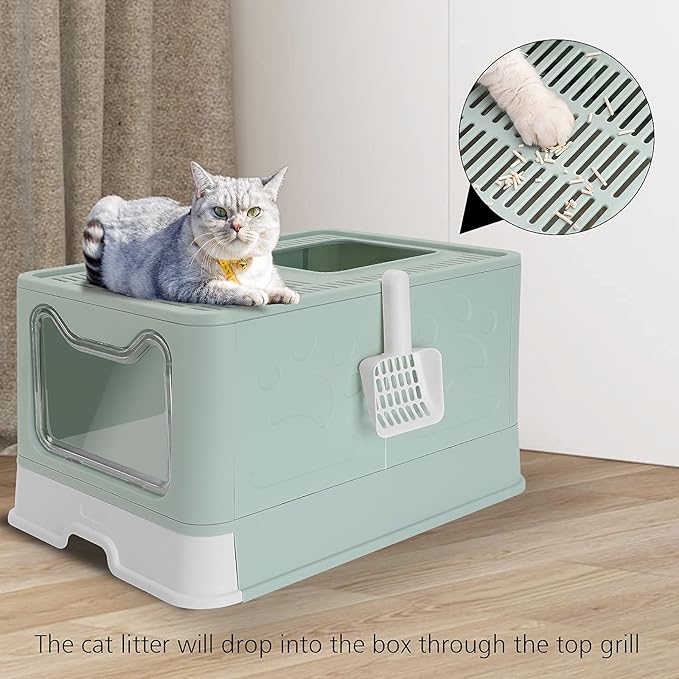 ROCCS Foldable Cat Litter Box with Lid,No Smell Large Top Entry Litter Box with Cat Litter Scoop,Covered Drawer Type Kitty Potty,Including Fur Brush & Cleaning Glove,Blue 20" x 16" x 15"