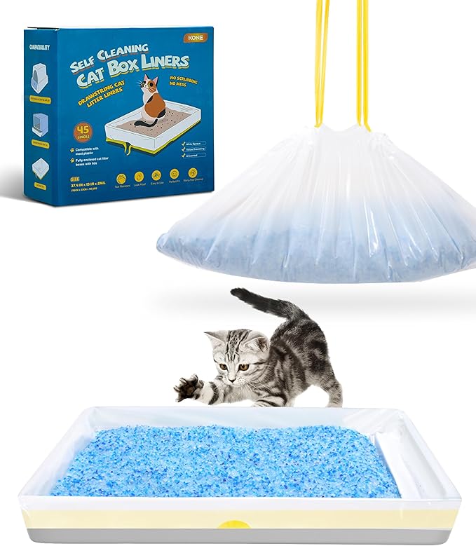 KONE 45 Count Litter Box Liners, Pet* Scoopfree Self-Cleaning Box Liners, Automatic Kitty Litter Bags, Thickened & Leak-Proof Drawstring Cat Litter Waste Bags, Disposable Refill Tray Rectangle Bags