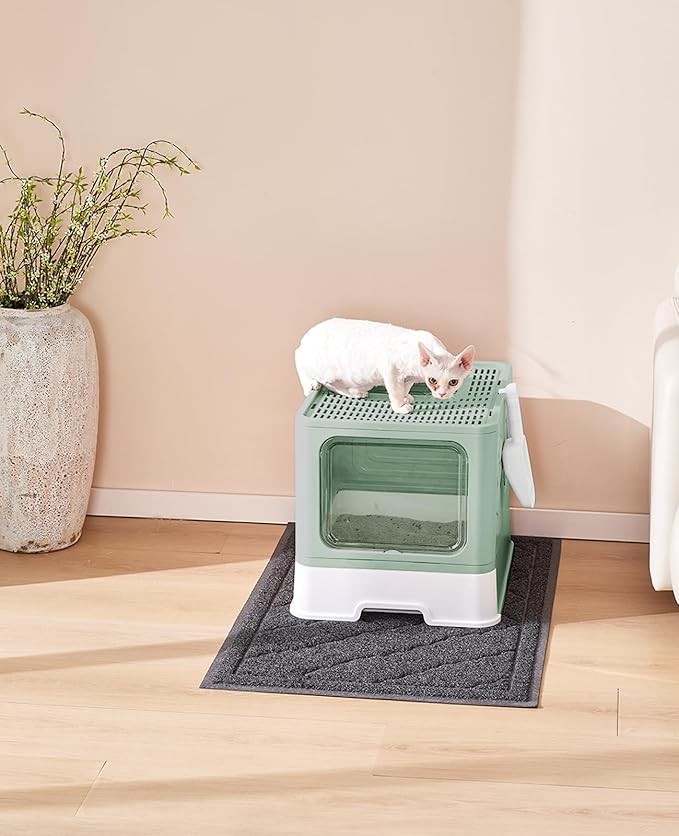 Cat Litter Box with X-Large Litter Mat and Scoop, Large Foldable Litter Box with Lid, Front Top Entry Exit Kitty Litter Box, Odor Control Easy Clean (Upgrade Green)