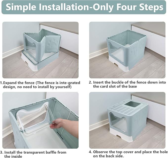 Foldable Cat Litter Box with Lid, Enclosed Cat Potty, Top Entry Anti-Splashing Cat Toilet, Easy to Clean Including Cat Litter Scoop and 2-1 Cleaning Brush (Blue) Large