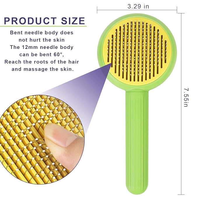 Self-Cleaning Slicker Brush for Dogs & Cats - Efficiently Removes Shedding Hair, Tangles, and Mats - Suitable for Long & Short Haired Pets - with Skin-Friendly Massage Tips - Green