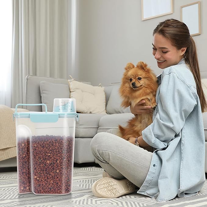 5-7Lbs Airtight Cat Dog Food Storage Container Portable with Upgraded Large Spout and Cup,Plastic Pet Dispenser for Small Animal Kibble,Bird Seed,Oatmeal,Rice,flour,brown sugart-Sky Blue