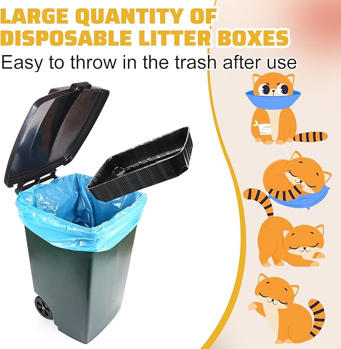 Zubebe 50 Pack Disposable Cat Litter Box for Cats, Large Disposable Kitty Litter Tray Box 19.69 x 15.75 x 3.94 inches Plastic Litter Box Pan Standard for Indoor Home Travel Portable(Black)