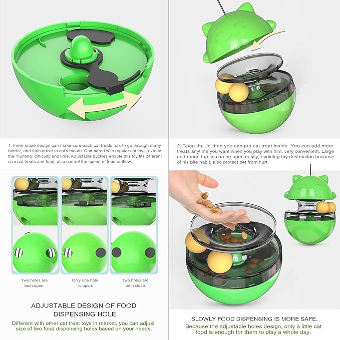 2 in 1 Cat Treat Dispenser Toy - Cat Interactive Toy and Cat Treat Ball, Tumbler Interactive Ball Cat Puzzle Feeder, Cat Food Puzzle Toy,Suitable for All Types of Cats and Small pet Dogs(Green)