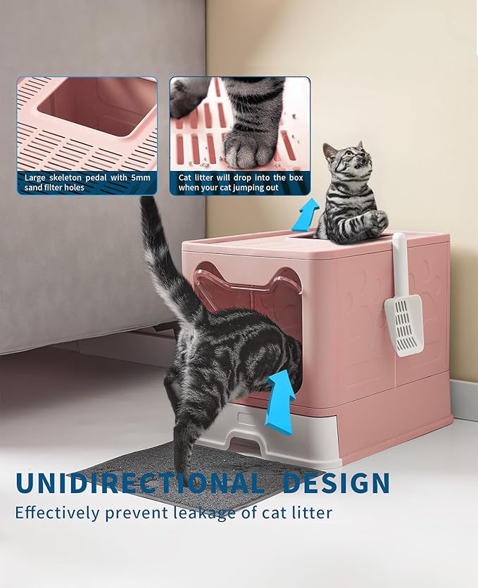 Cat Litter Box with Litter Mat and Scoop, Large Foldable Litter Box with Lid, Front Entry Top Exit Kitty Litter Box, Odor Control Easy Clean (Pink)