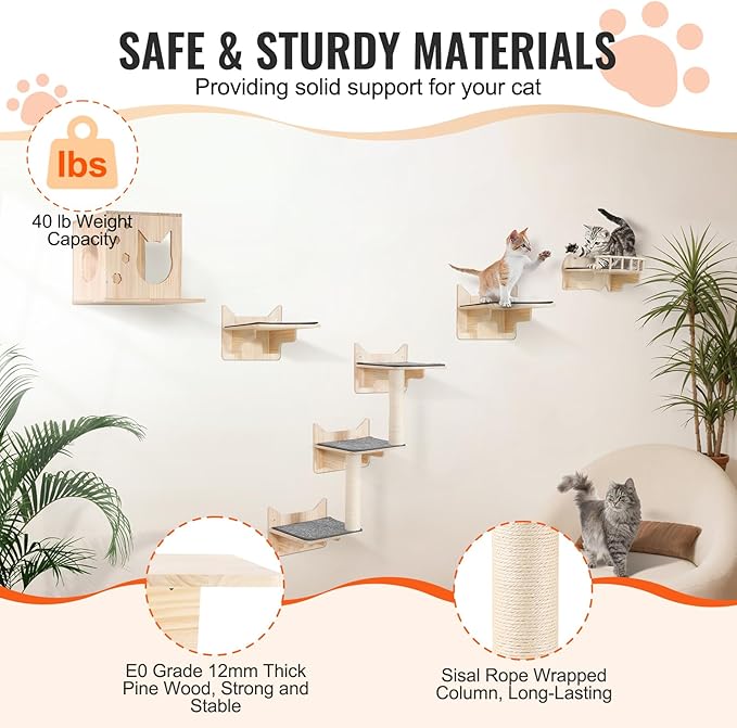 VEVOR Wall Mounted Cat Shelves, Cat Wall Shelves and Perches with Jumping Boards, Nest, Barrier Board & Cat Tree, Cat Floating Furniture up to 40 lbs for Sleeping, Playing, Climbing, Set of 5