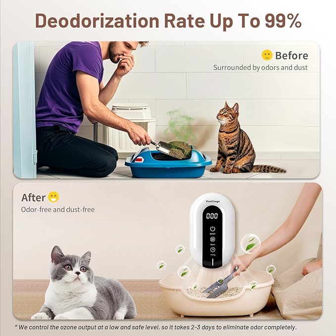 Cat Litter Deodorizer, Vrstemys 99% Litter Box Odor Eliminator, Stay-Within Ozone Air Purifier for Cat Litter Smell, Dog Poof Odor, Pet, Home, Room, Smoke, Garage and Toilet
