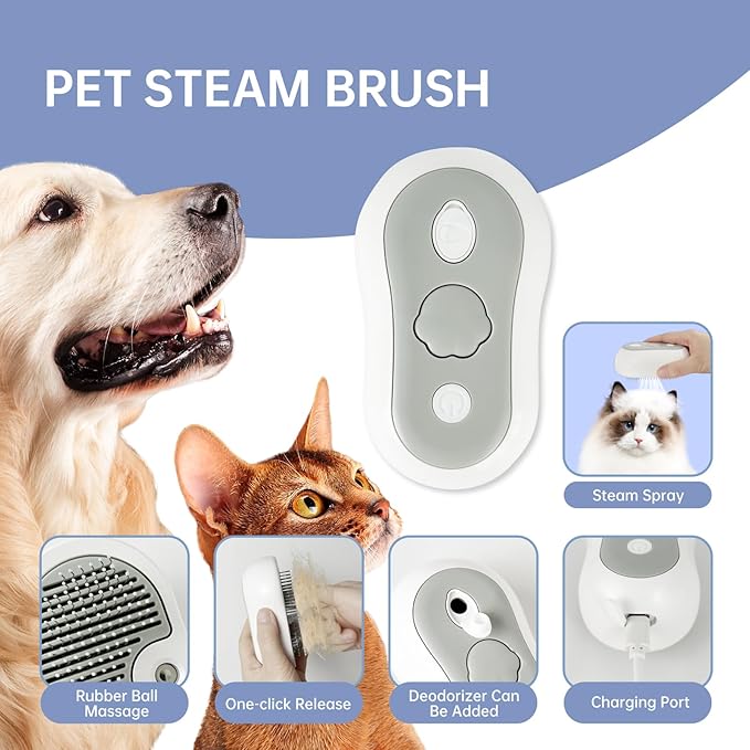 Cat Brush for Shedding Rechargeable Cat Steam Brushes for Indoor Cats Self-Cleaning Pet Grooming Tool for Long and Short Hair Steamy Dog Comb Cat Deshedding Hair Brush, Grey