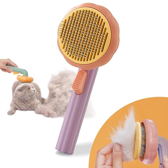 Pumpkin Cat Brush, Self Cleaning Cat Brush with Release Button, Cat Hair Brush for Shedding, Pet Grooming Brush for Short and Long Haired Cats Dogs (Purple)