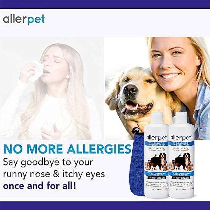Allerpet Single Solution 16 fl oz Bottle Dander Remover for Pets (2 Pack) - Relieves Allergies - Bonus Mitt to Easily Apply Solution to Your Pet