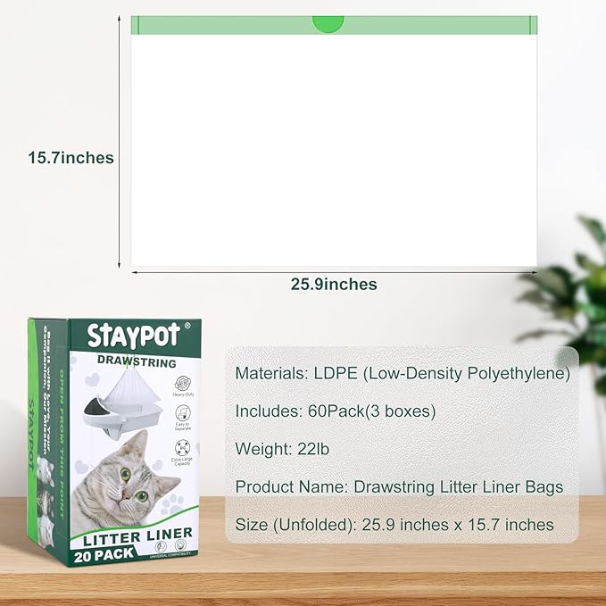 Heavy Duty Utra-thick 2Mil Drawstring Litter Box Robot 3 4 Waste Bags 60Pack Compatible with Self-cleaning Cat Litter Boxes. Designed for Automatic Litter Box Liners,9-11 Gallons