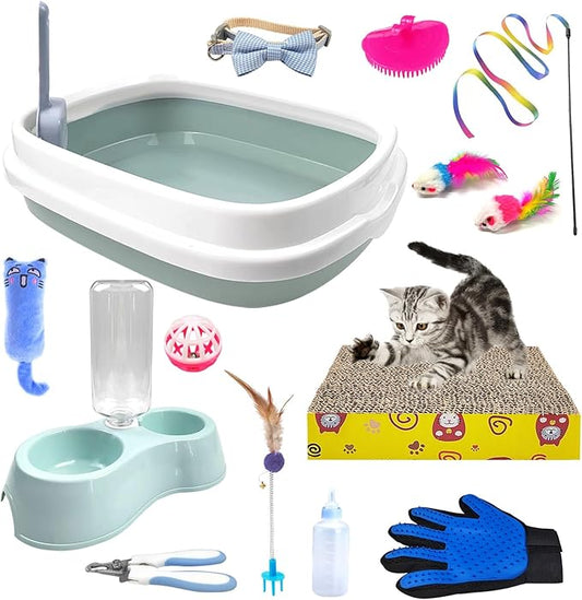 Kitten Starter Kit, 15 Piece Cat Essentials Set Includes Cat Litter Box,Cat Toys, Cat Collars,Cat Scratch Pad, cat Nail File,Automatic Cat Feed Bowls, Pet Grooming Gloves for Cats Daily Life