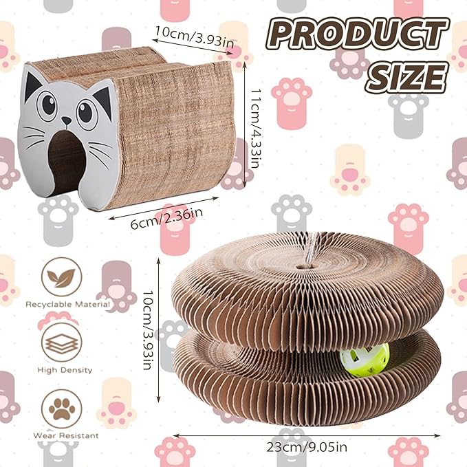 Magic Organ Cat Scratching Board, Interactive Scratch Pad with a Ball, Cat Scratcher for Grinding Claw, Recyclable and Durable, Furniture Protector, Retractable, Reversible (Round - 2 Pack)