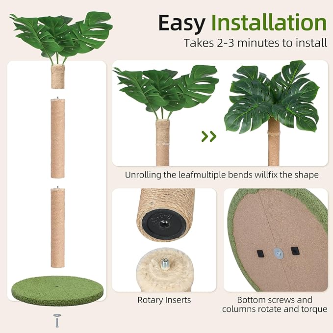 Cat Scratching Post 39.4 inch Tall Cat Tree for Indoor Cats Large Adult Cat Scratching Post with Sisal Rope,Cute Kitten Cat Scratcher in Monstera Plants