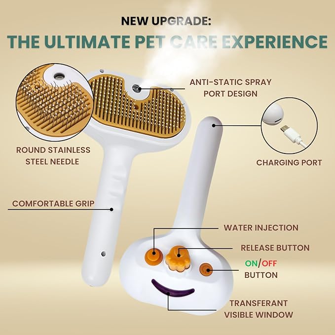 Self-Cleaning Pet Steam Brush & Detangling Comb for Cats and Dogs - Pet Grooming Brush with Spray, Removes Tangles & Knots, Water/Mist Slicker Brush for Shedding Long Haired Pets