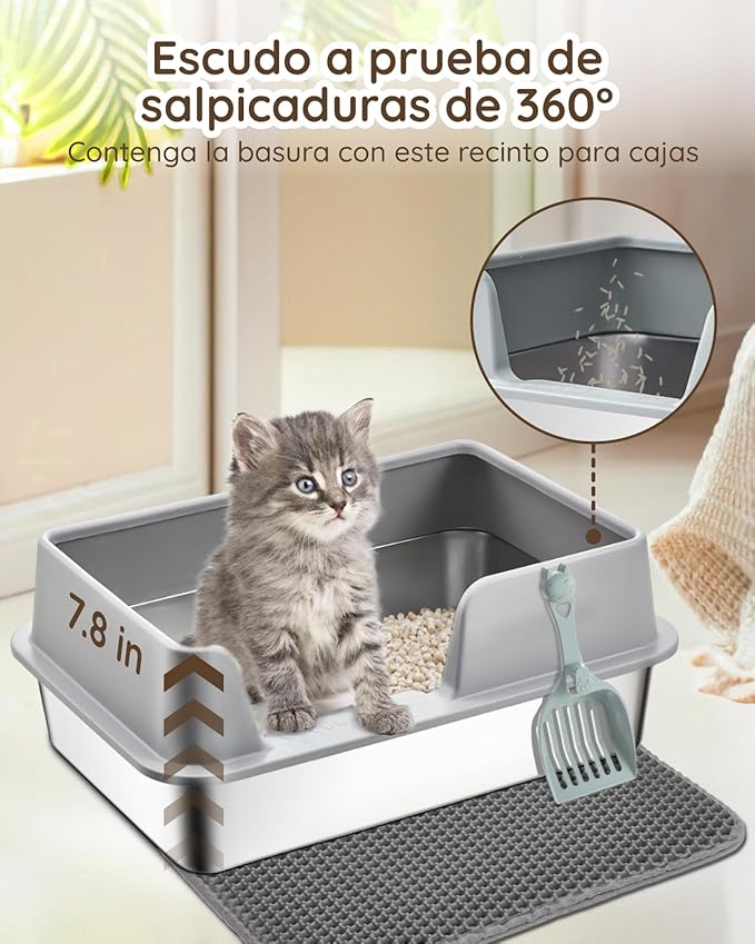 Stainless Steel Litter Box - Cat Metal Litter Box with Splash-Proof Lid, Easy Cleaning & Odor-Less Stainless Steel Cat Litter Box with Double Layer Litter Mat, Litter Scoop, Brush, 20” x14”