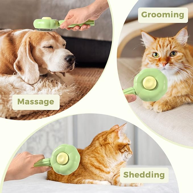 Sunflower Cat Brush for Shedding, Self Cleaning Cat Hair Brush, Pet Grooming Brush with Release Button for Short and Long Haired Cats Dogs (Green)